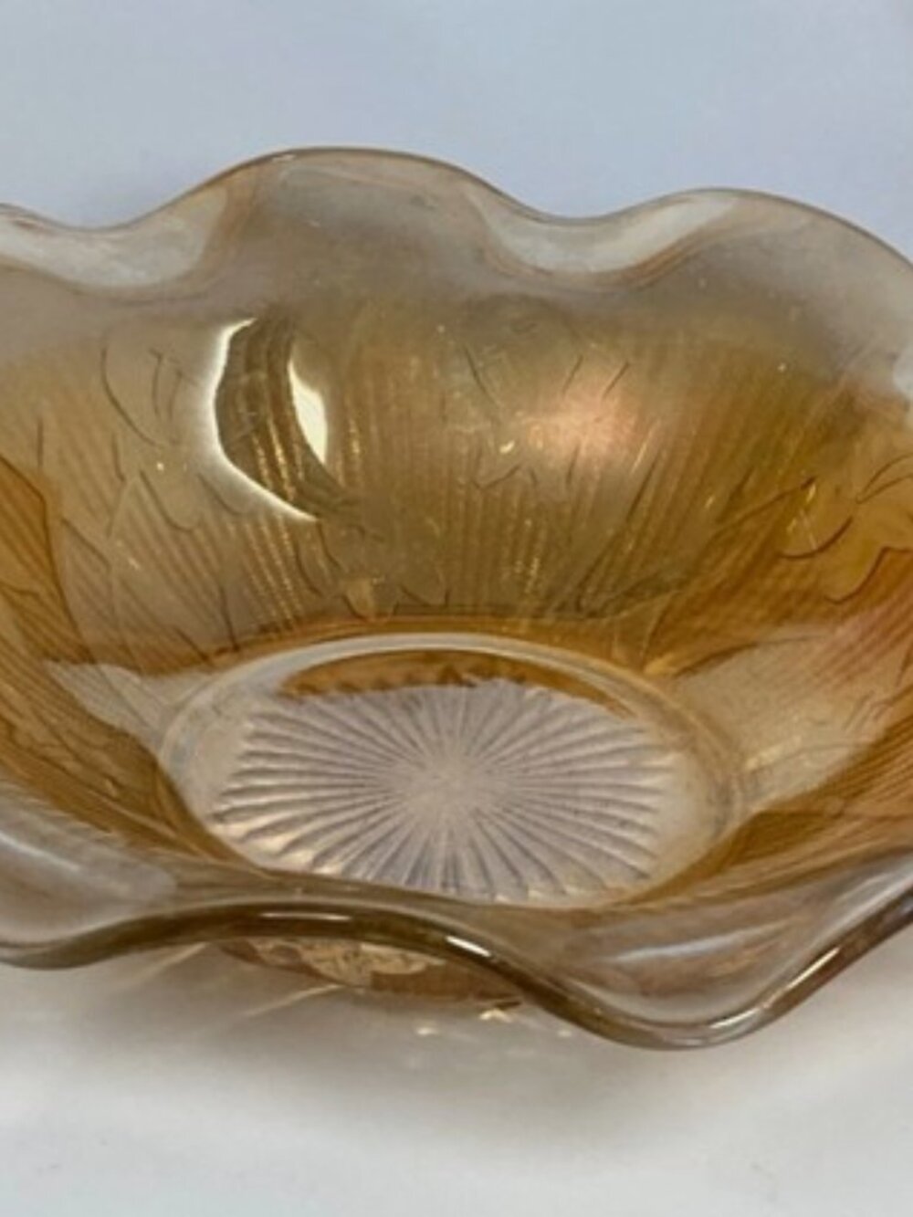Vintage Iris Iridescent Marigold Carnival Glass Ruffle Edge Bowl